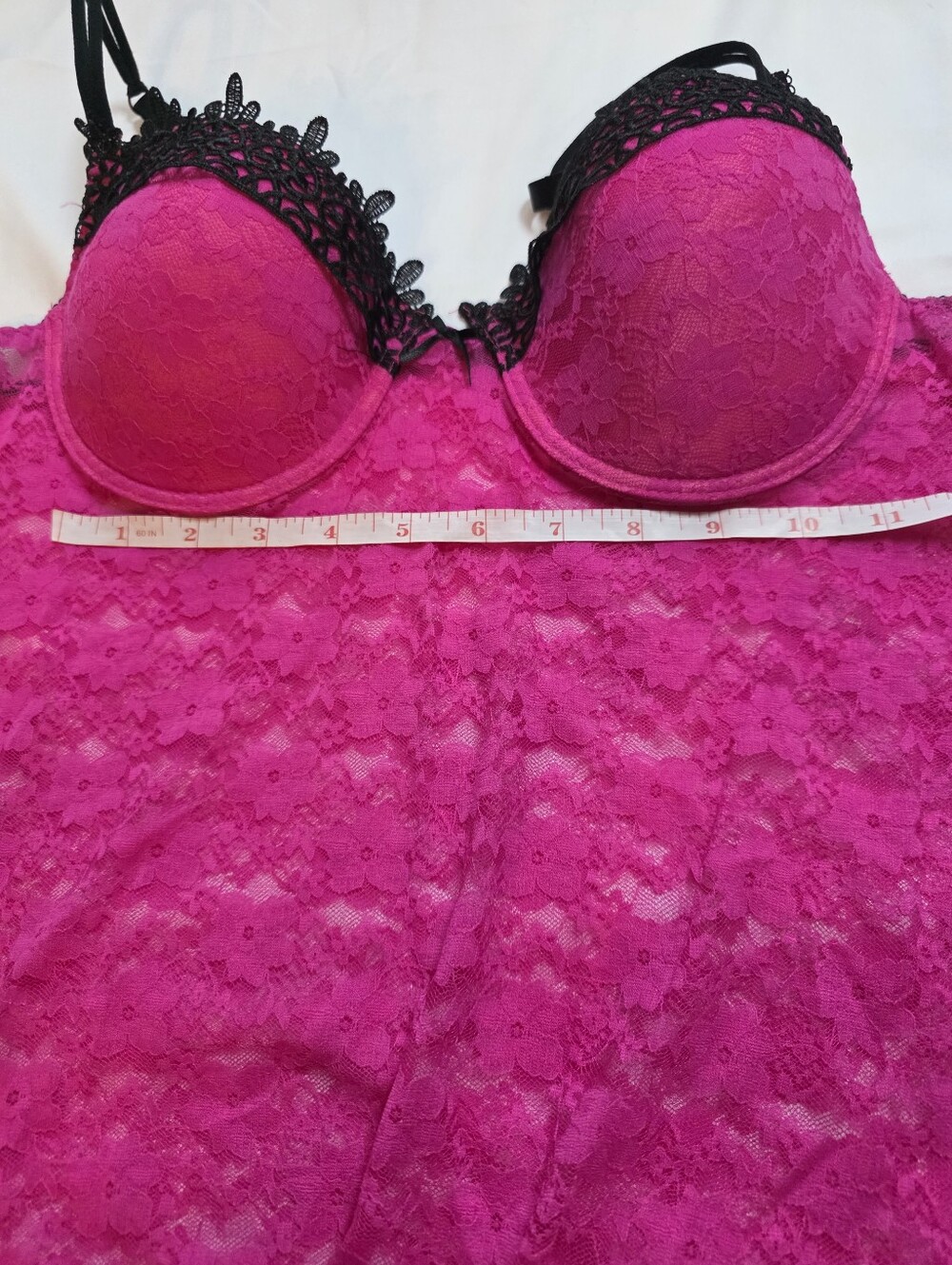Hot Pink Lace Babydoll Chemise Lingerie Black Trim Padded Cups Adjustable Straps - Picture 4 of 9